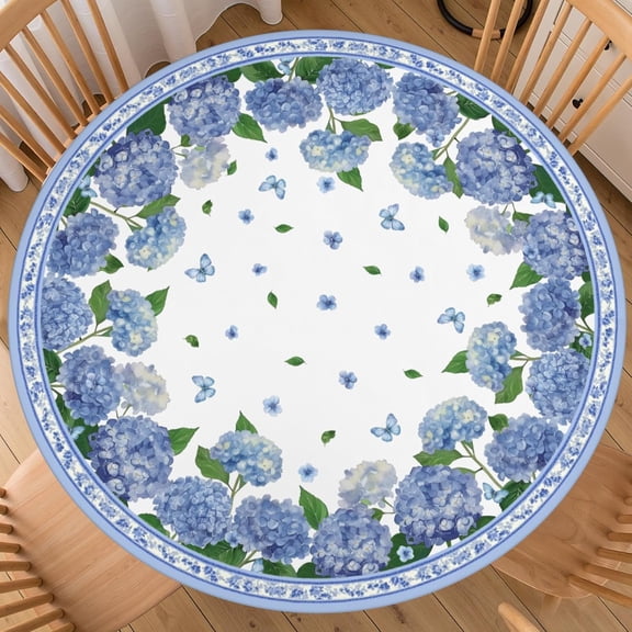 Spring Summer Round Fitted Tablecloth with Elastic Edge 44-48 Inch Hydrangea Floral Pattern Table Cover Washable Blue Purple Table Cloth for Kitchen Dining Party Patio Picnic