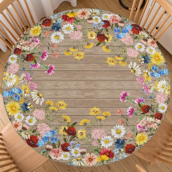 Spring Summer Round Fitted Tablecloth with Elastic Edge 48-52 Inch Colorful Vintage Floral Table Cover Washable Farmhouse Table Cloth for Kitchen Dining Party Picnic