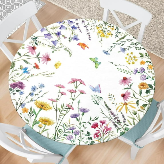 Spring Summer Round Fitted Tablecloth with Elastic Edge Watercolor Floral Outdoor Tablecloth Waterproof Table Cover for Picnic Dinner Party Decor Fits 48"-52" Diameter Round Tables