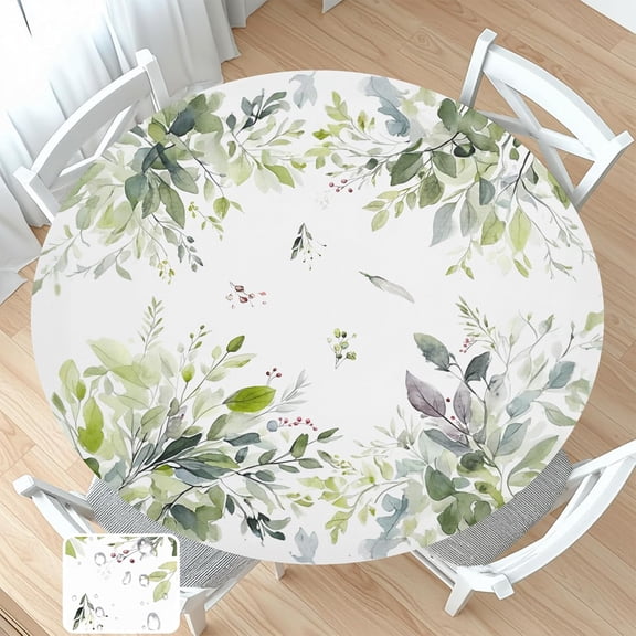 Spring Summer Round Fitted Tablecloth with Elastic Sage Green Leaf Floral Circle Table Cloth for 48-52" Round Tables Wipeable Waterproof Eucalyptus Leaves Table Cover for Outdoor Picnic Dining Decor