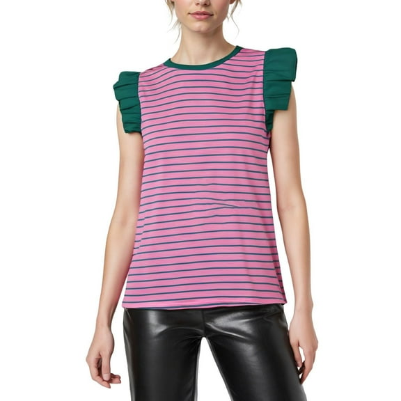 Spring/Summer Round Neck Stripe Color Block Pleated Ruffle Sleeve Loose Casual T Shirt Comfortable, Unique Design, High Quality Fabric