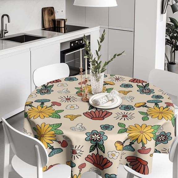 Spring Summer Round Tablecloth 60 Inch Colorful Floral Flower Table Cloth Polyester Washable Cartoon Wild Daisy Table Cover with Dust-Proof Wrinkle Resistant for Home Dining Camping Decor