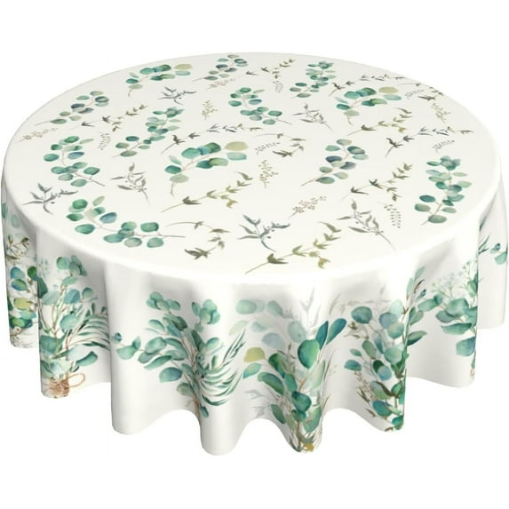 Spring Summer Round Tablecloth 60x60 Inch Watercolor Green Eucalyptus Leaf Floral Decorative Table Cloth Washable Polyester Fabric Farmhouse Holiday Tablecloths for Home Kitchen Party Dinner Decor