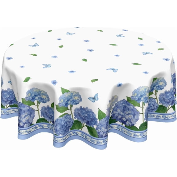 Spring Summer Round Tablecloth 70 Inch Easter Blue Hydrangea Watercolor Floral Butterfly Polyester Table Cloth Rustic Table Cover for Kitchen Dinner Home Decor