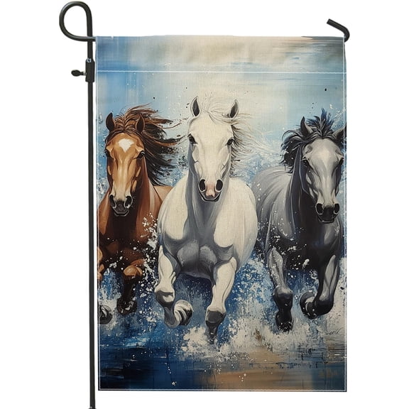 Spring Summer Running Horses Garden Flag, Brown White Gray Horse Outdoor Decor, Double Sided Burlap Yard Flag Lawn Decoration, Horse Lover Gift 12x18 Inch