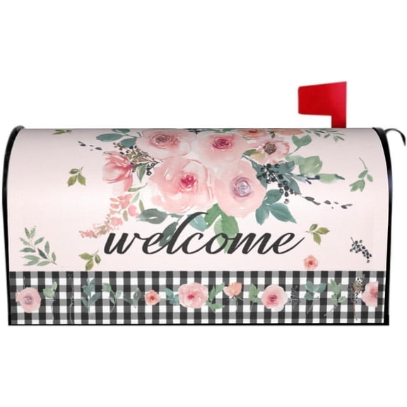 Spring Summer Season Welcome Mailbox Cover 21" x18" Pink Flowers Leaf Magnetic Mailbox Covers Black and White Plaid Large Post Letter Box Covers Garden Yard Home Decor for Outside
