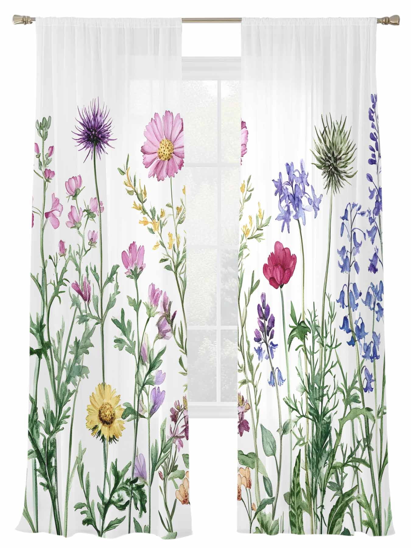 Spring Summer Sheer Curtains 2 Panels Set Pink Purple Wildflower Leaves ...