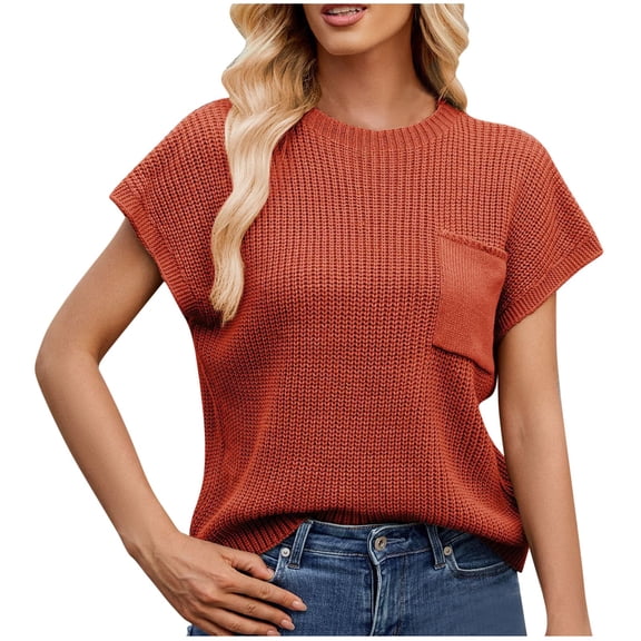 Spring Summer Short Sleeve Sweater for Women 2026 Casual Sweater Vest Cotton Knit Pullover Tank Tops Fashion Clothing with Pocket