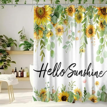 Spring Summer Shower Curtain, Hello Sunshine Sunflower Shower Curtains for Bathroom, Seasonal Farmhouse Holiday Bathroom Home Decor, Waterproof Fabric with Hooks 72X72 Inch