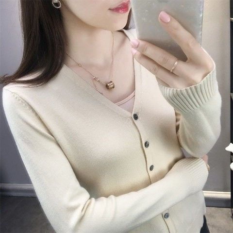 Spring Summer Single Breasted Thin Cardigan Solid Casual Medium Strech V-Neck Short Women's Clothing High Quality Long Sleeve