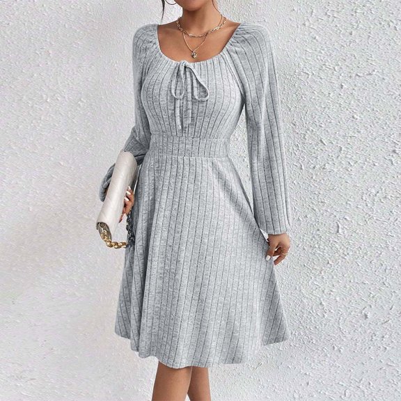 Spring/Summer Square Neck Waist-Cinching Long-Sleeve Maxi Dress