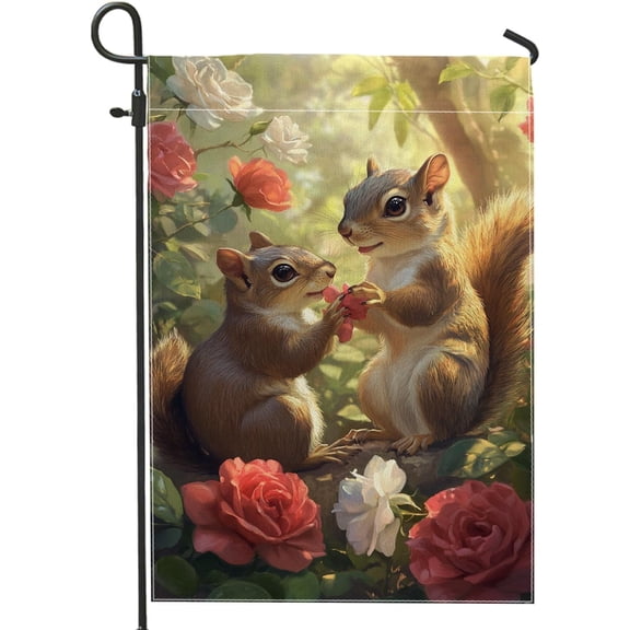 Spring Summer Squirrel Garden Flag Double Sided Burlap Yard Banner with Roses Outdoor Lawn Decoration 12x18 Inch