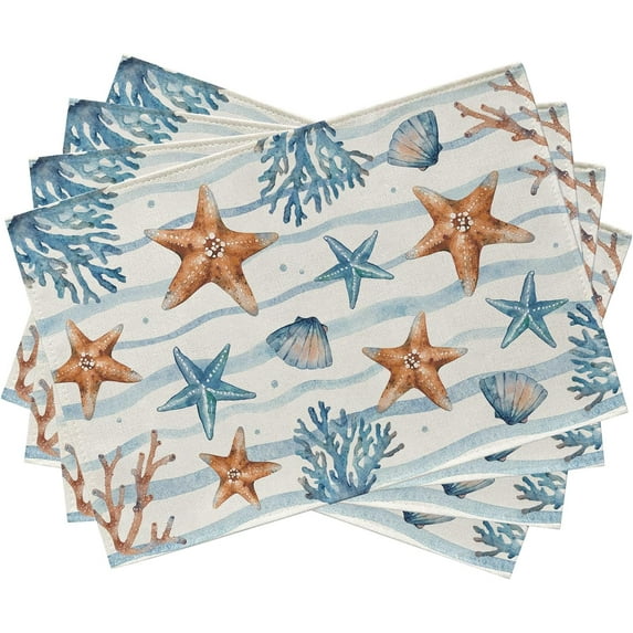 Spring Summer Starfish Conch Coral Placemats Set of 4, Coastal Sea Ocean Wave Stripes Dining Table Place Mats, Nautical Beach Seasonal Kitchen Decor Home Decoration 12 x 18 Inch