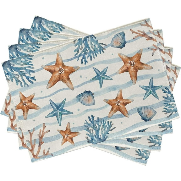 Spring Summer Starfish Conch Coral Placemats Set of 4, Coastal Sea Ocean Wave Stripes Dining Table Place Mats, Nautical Beach Seasonal Kitchen Decor Home Decoration 12 x 18 Inch