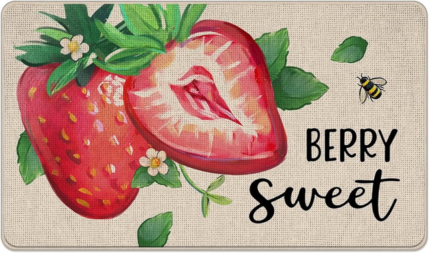 Spring Summer Strawberry Decorative Front Door Mat, Berry Sweet Welcome Doormat Indoor Outdoor Non-Slip Floor Entryway Rug, Fruit Bee Seasonal Home Kitchen Decoration 17x30 Inch