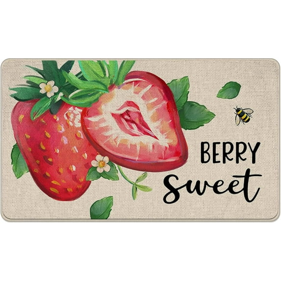 Spring Summer Strawberry Decorative Front Door Mat, Berry Sweet Welcome Doormat Indoor Outdoor Non-Slip Floor Entryway Rug, Fruit Bee Seasonal Home Kitchen Decoration 17x30 Inch