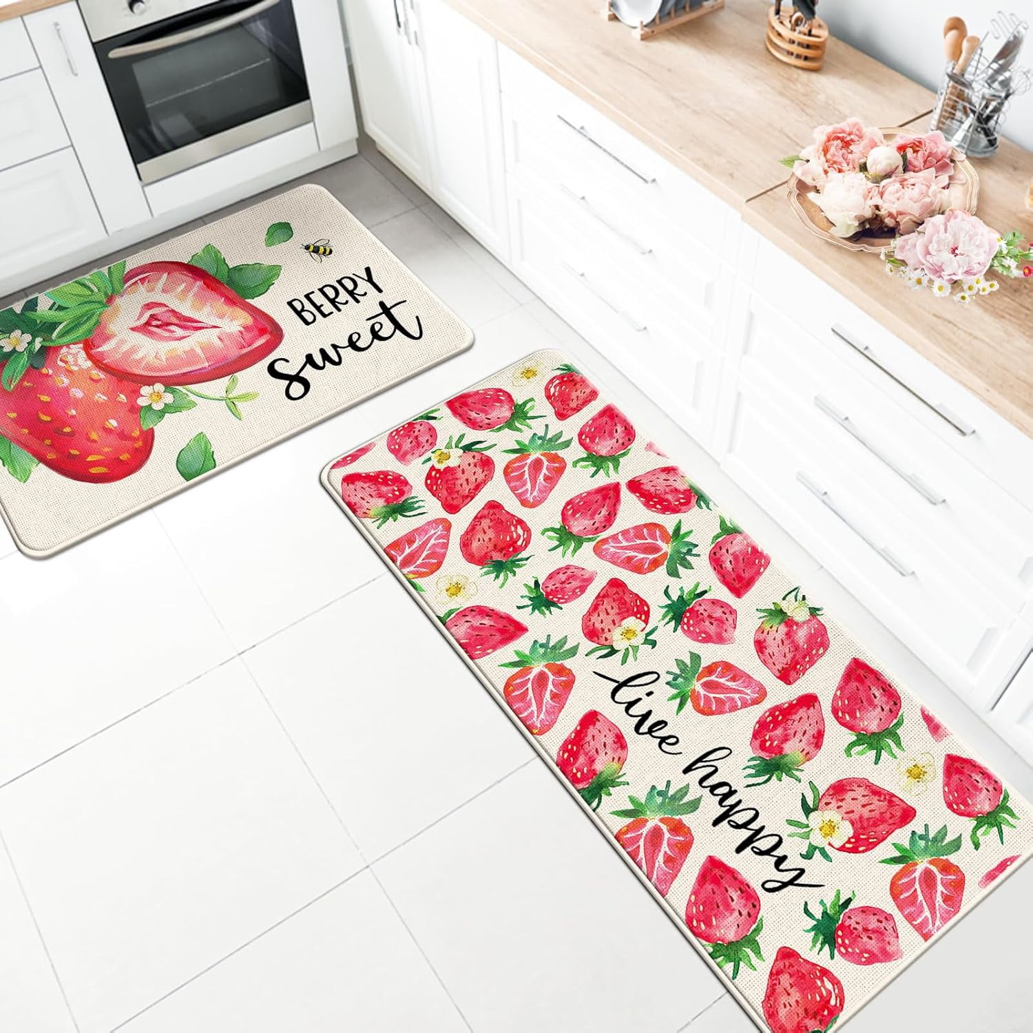 Spring Summer Strawberry Kitchen Rugs Set of 2, Berry Sweet Fruit Bee ...