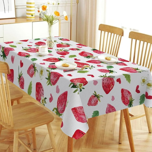 Spring Summer Strawberry Rectangle Tablecloth 60 x 120 Inch, Sweet Fruit Love Heart Decorative Table Cloth Dining Table Cover, Seasonal Dinner Party Picnic Decoration