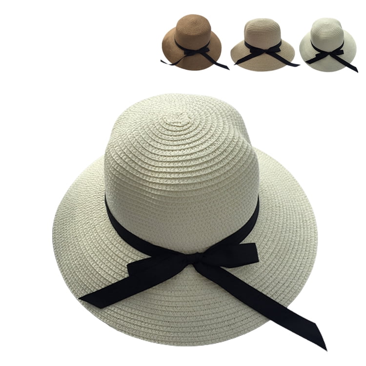 Yuanbang Spring Summer Sun Hat Wide Brim Bowknot Ribbon Straw Sun Hats for Women Girls,Beige, Women's, Size: One Size