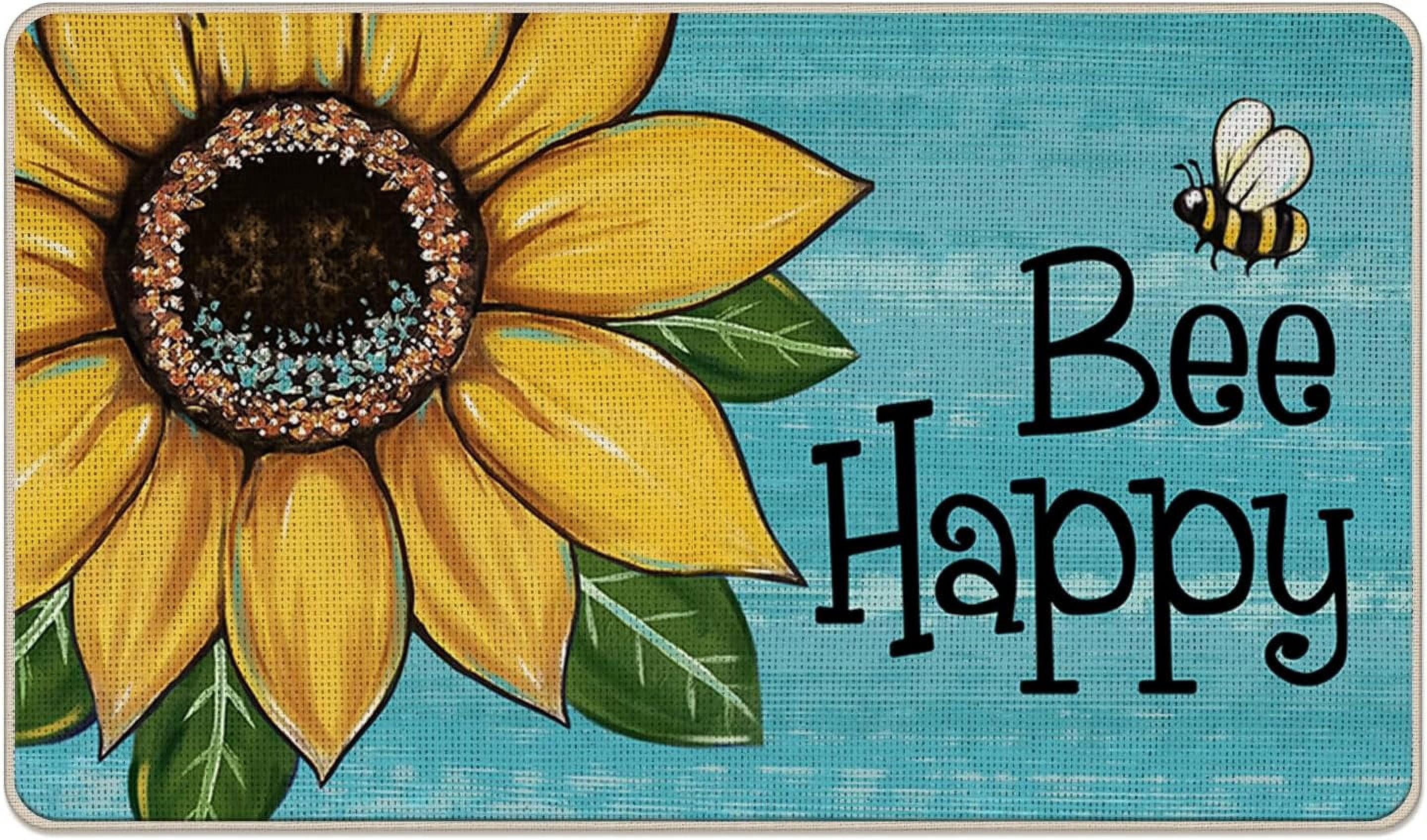 Spring Summer Sunflower Decorative Front Door Mat, Bee Happy Floral Blue Doormat Indoor Outdoor Non-Slip Floor Entryway Rug, Seasonal Home Kitchen Decoration 17x29 Inch