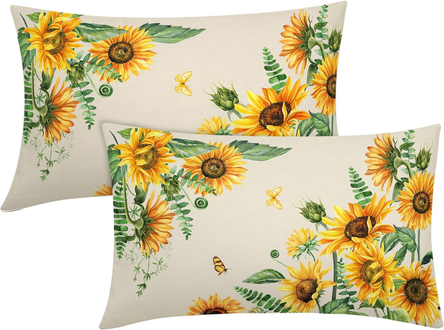 Natural Yellow Sunflower Lumbar Pillow Cover — 100% Cotton Linen, 12x20 Inches, Hidden Zipper - View #4