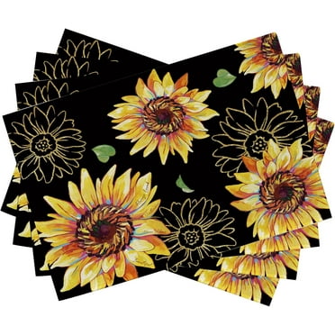 Spring Summer Sunflower Placemats Set of 4, Floral Flower Leaves Fall Autumn Black Dining Table Place Mats, Seasonal Kitchen Decor Home Decoration 12 x 18 Inch