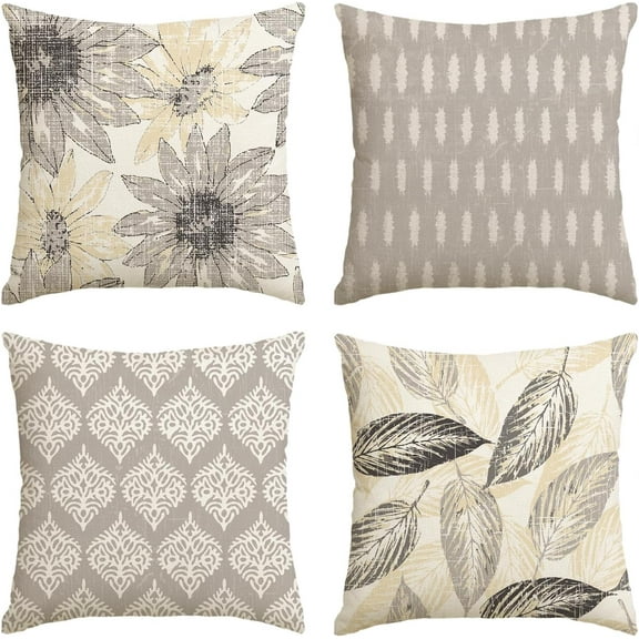 Spring Summer Sunflower Pteridophyte Grey Throw Pillow Covers, 18x18 Inch Seasonal Cushion Case Decoration for Sofa Couch Set of 4