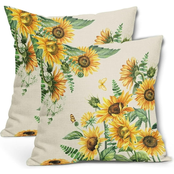 Spring Summer Sunflower Square Pillow Covers 18X18 Inch Yellow Flower Butterfly Plant Seasonal Decorative Cotton Linen Pillow Cases Set of 2 Farmhouse Home Decor for Sofa Couch Cushion Outdoor