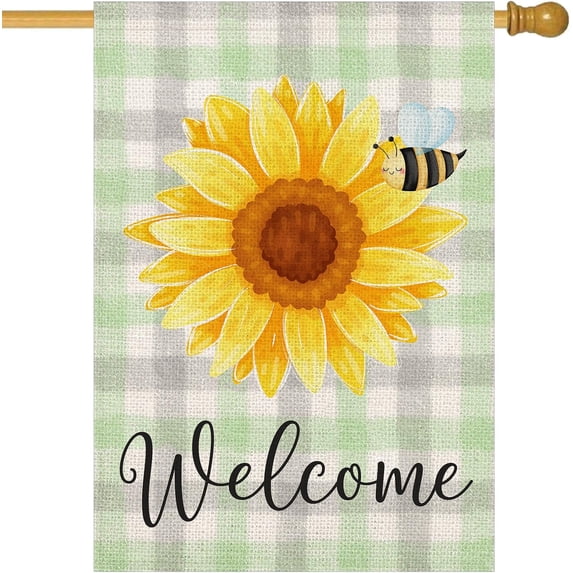 Spring Summer Sunflower Welcome House Flag 28x40 Inch Double Sided Outside Bee Floral Green Buffalo Plaid Decoration Seasonal Holiday Farmhouse Yard Flags for Outdoor