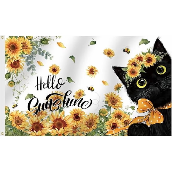 Spring Summer Sunflowers Black Cat Flags for Outside 3x5 Ft, Summer Bees Yard Flag, Cute Kitten Hello Sunshine Floral Flag Seasonal Welcome Outdoor Banner for Porch Farmhouse Decor