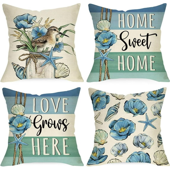 Spring Summer Sweet Home Decorative Throw Pillow Covers 18 x 18 Set of 4, Beach Coastal Anemone Flower Sandpiper Mason Jar Cushion Case Decor, Love Grows Here Starfish Conch Home Decoration
