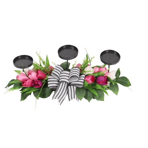 Spring Summer Table Centerpiece - Artificial Tulip Flowers with Eucalyptus Leaves & Bows, Candle Holder for Dining Room, Outdoor Home Decor (Floral Farmhouse Decor)