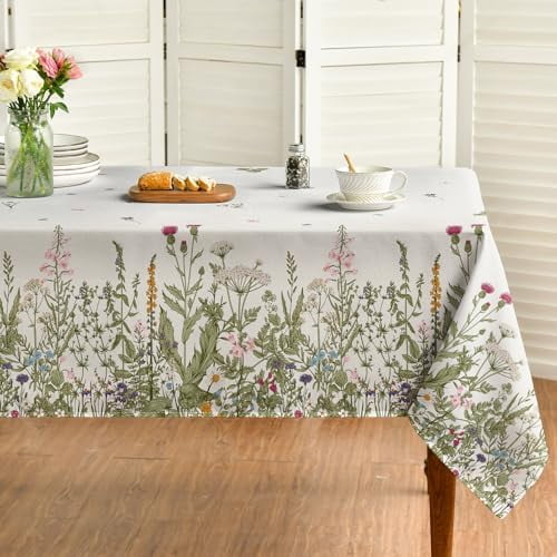 Spring Summer Tablecloth 52x70 Inch Rectangular, Wild Flowers Floral Table Cover for Party Picnic Dinner Decor