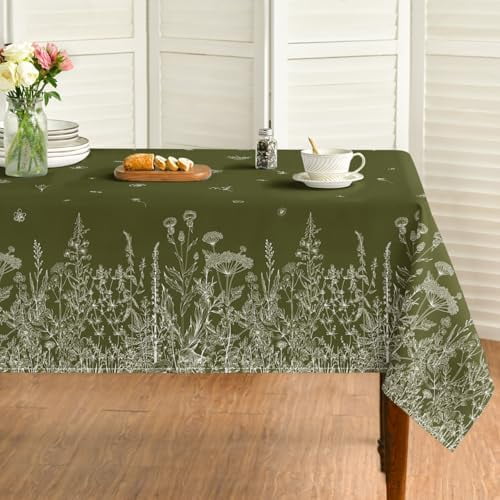 Spring Summer Tablecloth 60×104 Inch Rectangular, Wild Flowers Floral Moss Green Washable Seasonal Table Cover for Party Picnic Dinner Decor