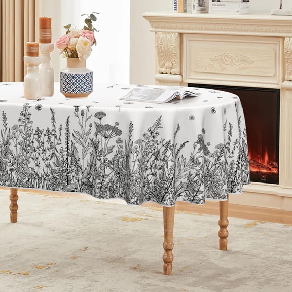 Spring Summer Tablecloth 60×84 Inch Oval, Wild Flowers Floral Black Washable Seasonal Table Cover for Party Picnic Dinner Decor