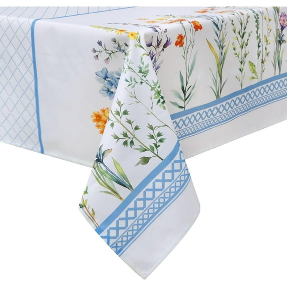 Spring Summer Tablecloth 60×84 inch, Waterproof Floral Blue Plaid Table Cloth Washable, Stain Resistant Cloth Table Cover for Party Picnic Dinner Decor (Wildflowers 01)