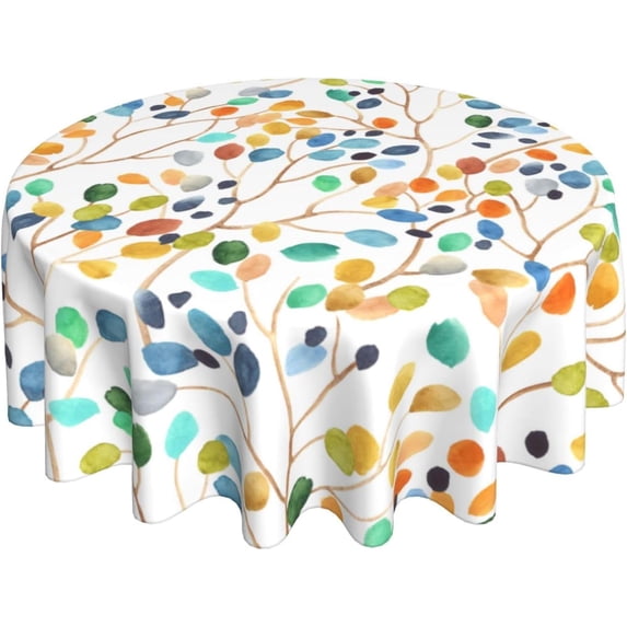 Spring Summer Tablecloth 60 Inch Round, Colorful Floral Leaves Decorations Table Cloth Polyester Farmhouse Spring Summer Flowers Table Cover for Party Picnic Kitchen Dinner Decor Outdoor Indoor
