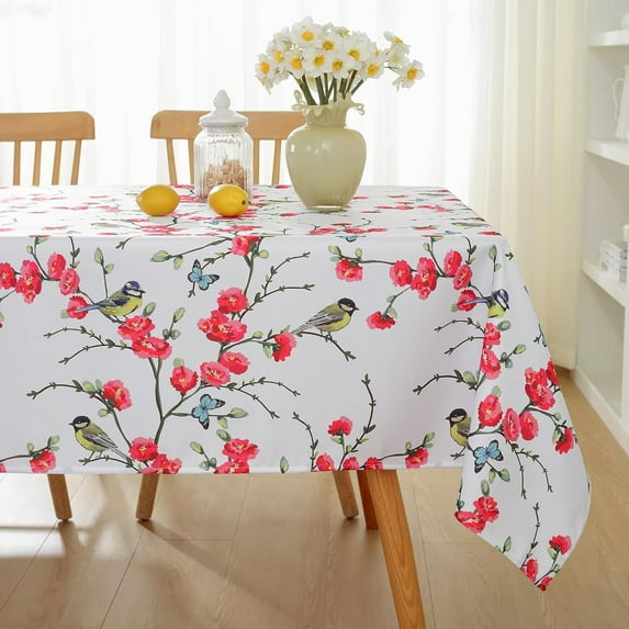 Spring Summer Tablecloth 60 x 84 Inch Rectangle, Cherry Blossom Table Cloth, Spill-Proof Stain Resistant Decorative Fabric Table Cover for Dining, Party, Picnic