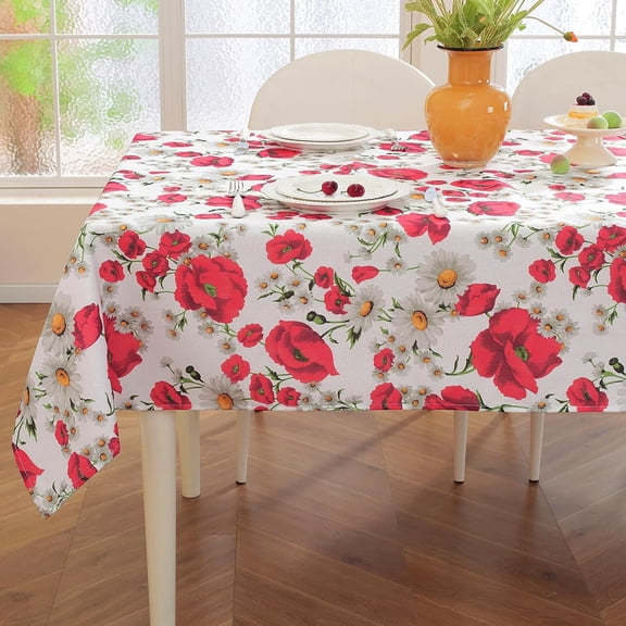 Spring Summer Tablecloth 60 x 84 Inches Rectangle Red Floral Table Cloth, Washable Water Resistant & Wrinkle Free Polyester Texture Table Cover for Party,Picnics, and Dinner Decor