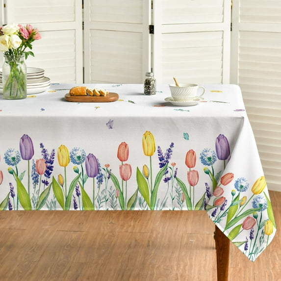 Spring Summer Tablecloth 60x120 Inch, Easter Watercolor Wild Flowers Tulip Lavender Blooming Floral Table Cover for Party Picnic Dinner Decor