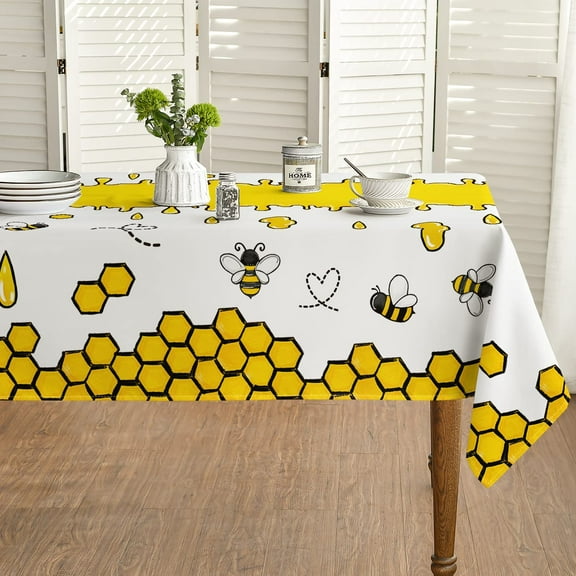 Spring Summer Tablecloth 60x84 Inch, Bee Table Cover for Party Picnic Dinner Decor