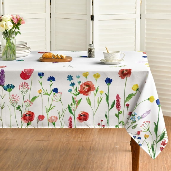 Spring Summer Tablecloth 60x84 Inch Rectangular, Floral Wild Flowers Table Cover for Party Picnic Dinner Decor