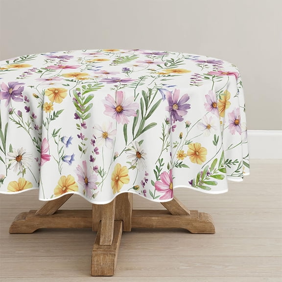 Spring Summer Tablecloth 70x70 Inch Round, Yellow White Purple Daisy Floral Table Cover for Party Picnic Dinner Decor