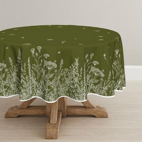 Spring Summer Tablecloth 90×90 Inch Round, Wild Flowers Floral Moss Green Washable Seasonal Table Cover for Party Picnic Dinner Decor