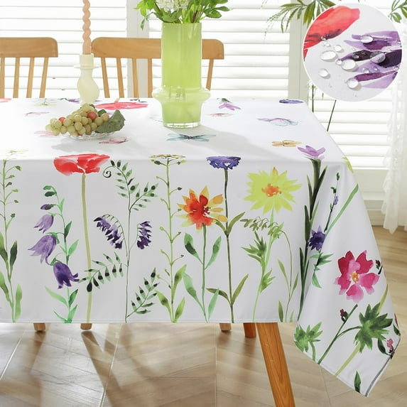 Spring Summer Tablecloth Rectangle 60 x 120 Inch Spill Proof Washable Wild Flowers Watercolor Floral Table Cloth, Soft Fabric Table Cover for Dining, Party, Wedding, Indoor, Outdoor, Red