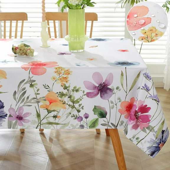Spring Summer Tablecloth Rectangle 60 x 120 Inch Waterproof Wrinkle Free Wildflower Butterfly Watercolor Floral Table Cloth, Washable Polyester Table Cover for Dining, Party, Indoor, Outdoor, Colorful