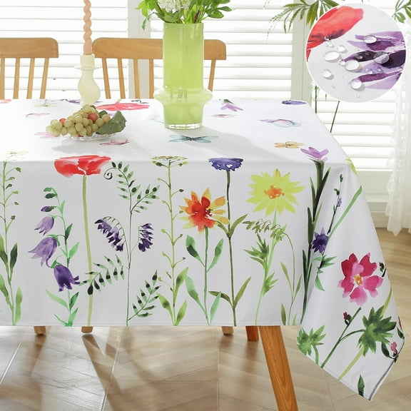 Spring Summer Tablecloth Rectangle 60 x 84 Inch Waterproof Stain Resistant Wild Flower Watercolor Floral Table Cloth, Soft Polyester Table Cover for Dining, Party, Wedding, Indoor, Outdoor, Red
