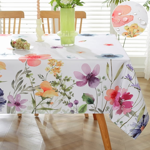 Spring Summer Tablecloth Rectangle 60 x 84 Inch Waterproof Wildflowers Butterfly Watercolor Floral Table Cloth, Washable Fabric Table Cover for Dining, Party, Indoor, Outdoor, Colorful