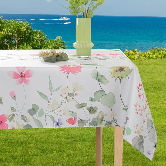 Spring Summer Tablecloth Rectangle 60x120 Inch,Pink Daisy Floral Spill Proof Fabric Table Cloth, Wildflower Stain Resistant Polyester Table Cover for Outdoor Picnic Dinning