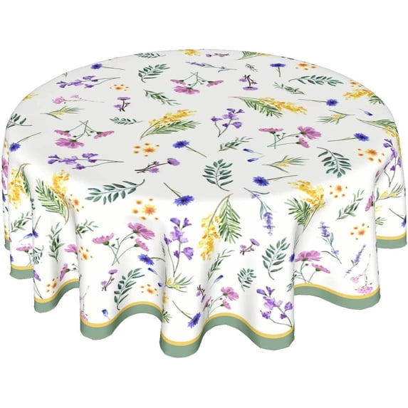 Spring Summer Tablecloth Round 60 Inch Floral Tablecloth Rustic Fabric Washable Flower Table Cloth for Kitchen Dinner Room Holiday Picnic Party Camping Patio Indoor Outdoor Decor